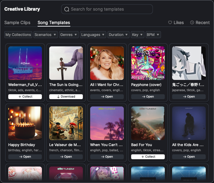 The Song Templates tab of the Creative Library.